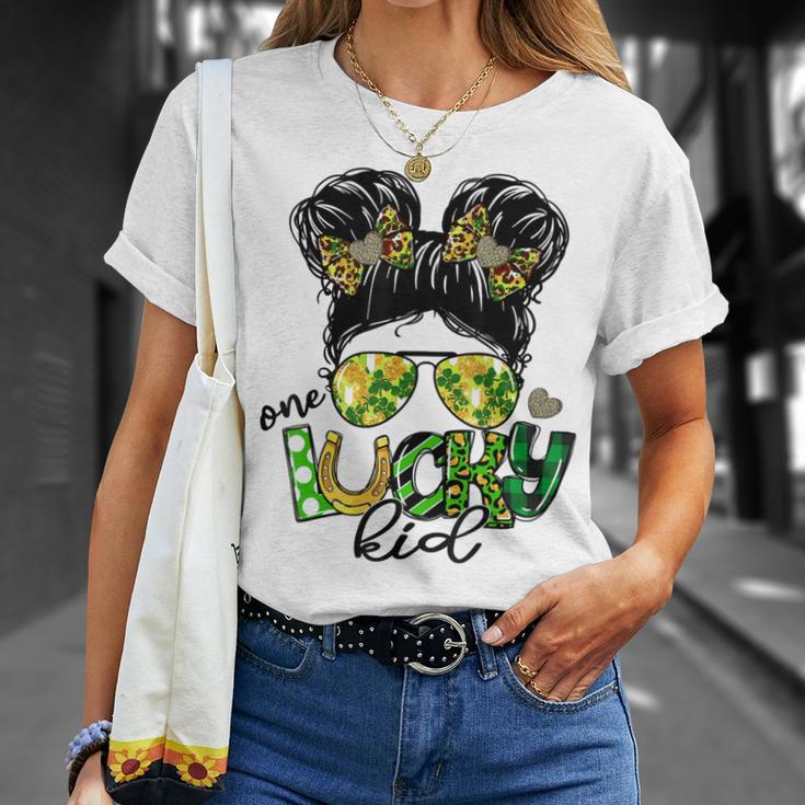 One Lucky Kid Messy Bun Shamrock St Patricks Day Unisex T-Shirt Gifts for Her