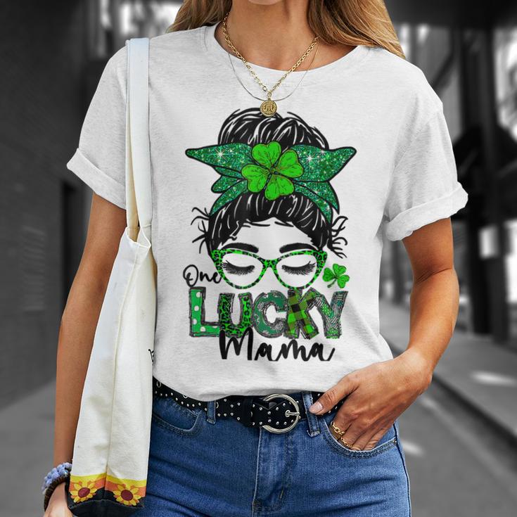 One Lucky Mama Messy Bun Shamrock St Patricks Day Unisex T-Shirt Gifts for Her