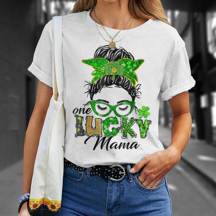 One Lucky Mama St Patricks Day Irish Shamrock Messy Bun Mom Unisex T-Shirt Gifts for Her