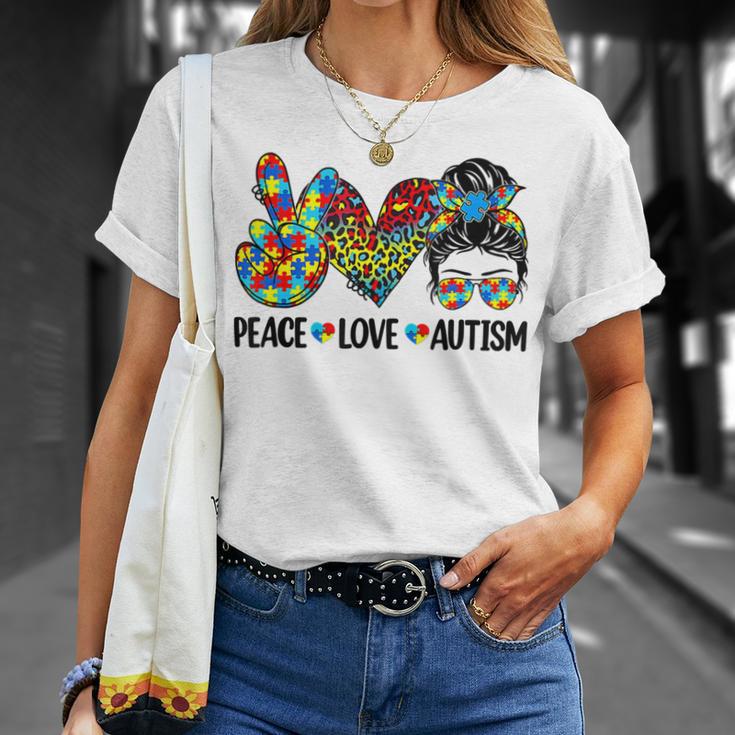 Peace Love Autism Mom Life Messy Bun Blue Autism Awareness Unisex T-Shirt Gifts for Her