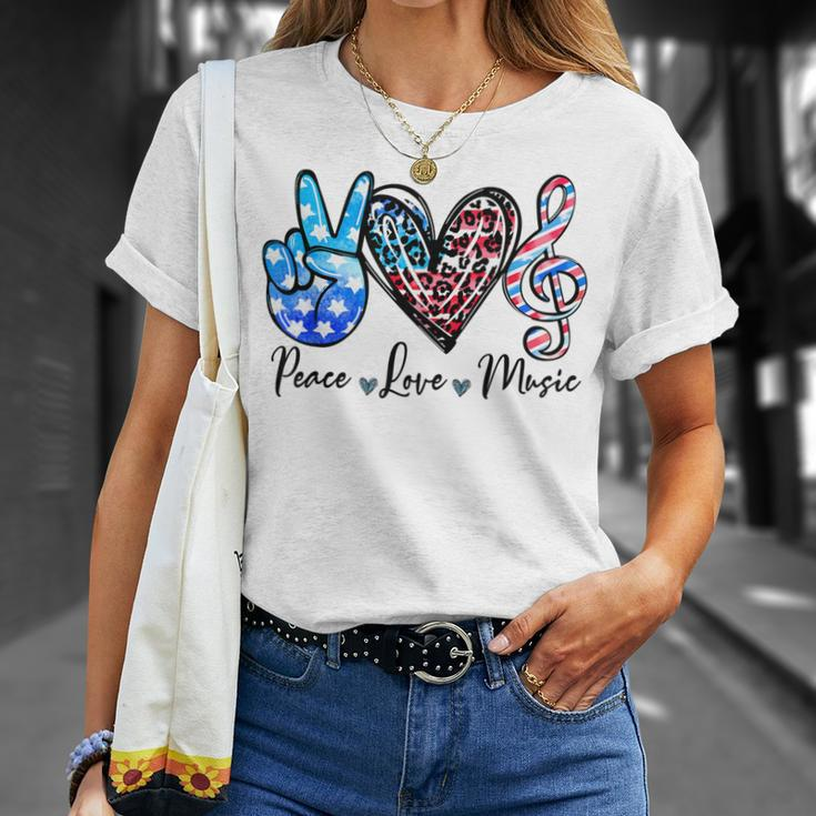 Peace Love Music Us Flag 4Th Of July Music Teacher Patriotic Unisex T-Shirt Gifts for Her