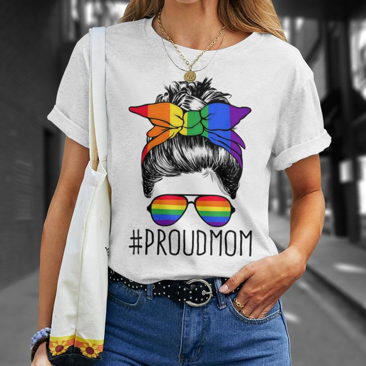 Proud Mom Messy Hair Bun Lgbtq Rainbow Flag Lgbt Pride Ally V3 Unisex T-Shirt Gifts for Her