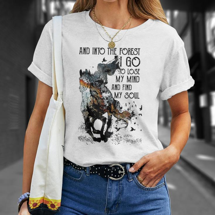 Retro Cowgirl Riding Horse Into Forest I Go Western Cowboy Unisex T-Shirt Gifts for Her