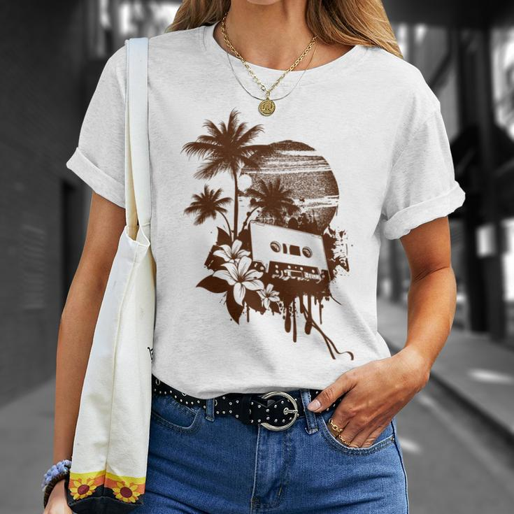 Summer Party Brown Palm Trees Flower Cassette Unisex T-Shirt Gifts for Her