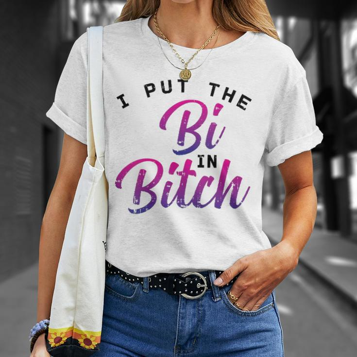 Womens I Put The Bi In Bitch Funny Bisexual Pride Flag Lgbt Gift Unisex T-Shirt Gifts for Her
