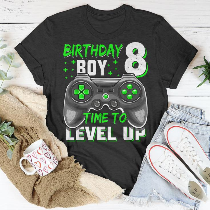 8Th Birthday Boy Eight Yrs Old Level 8 Unlocked Video Gamer Unisex T-Shirt Funny Gifts