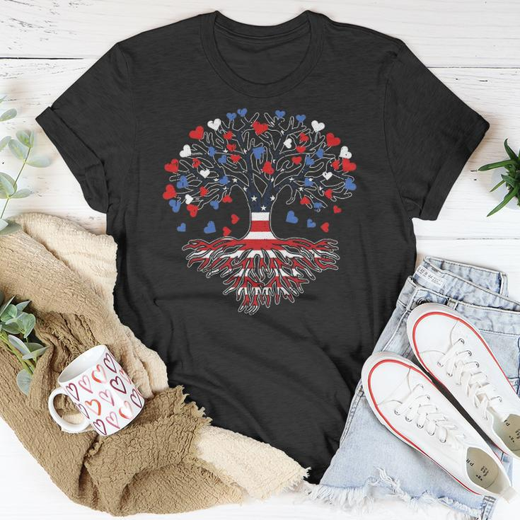 American Tree 4Th Of July Usa Flag Hearts Roots Patriotic Unisex T-Shirt Unique Gifts