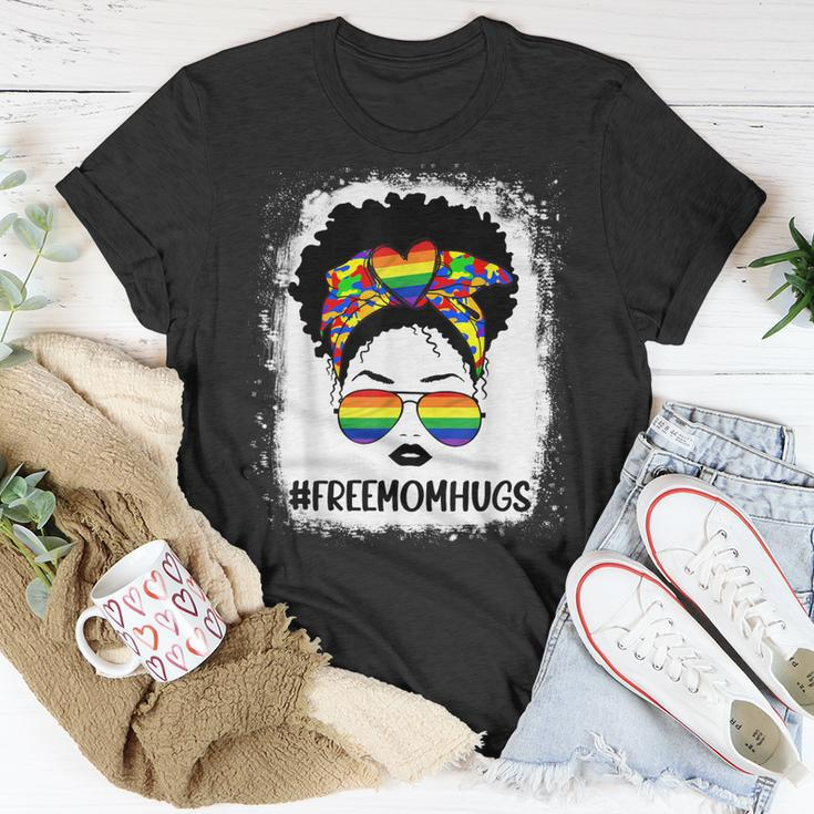 Black Womens Free Mom Hugs Messy Bun Lgbt Pride Rainbow Unisex T-Shirt Unique Gifts