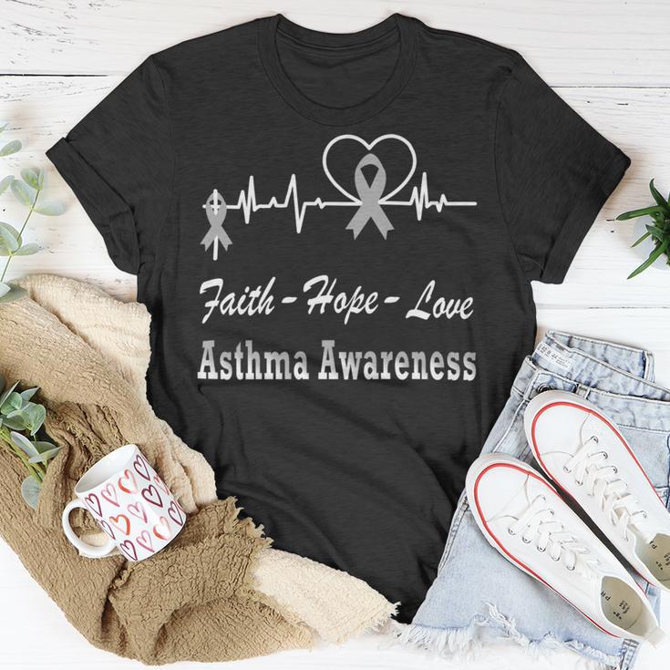 Faith Hope Love Asthma Awareness Heartbeat Christian Cross Grey Ribbon Asthma Asthma Awareness Unisex T-Shirt Funny Gifts