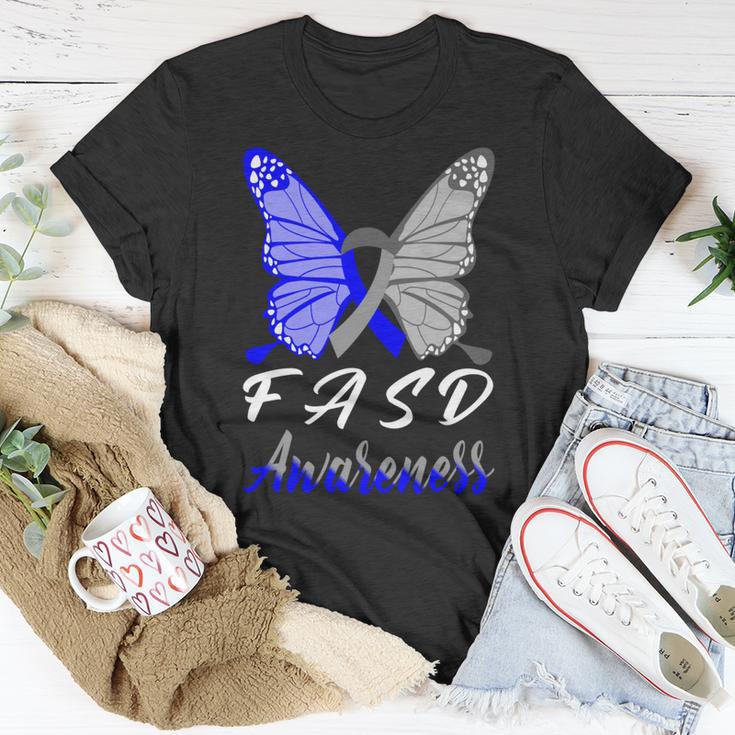 Fasd Awareness Butterfly Blue And Grey Ribbon Fetal Alcohol Spectrum Disorder Fetal Alcohol Spectrum Disorder Awareness Unisex T-Shirt Funny Gifts