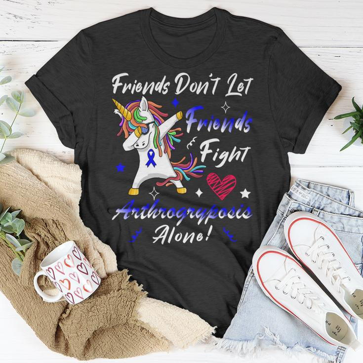 Friends Dont Let Friends Fight Arthrogryposis Alone Unicorn Blue Ribbon Arthrogryposis Arthrogryposis Awareness Unisex T-Shirt Unique Gifts