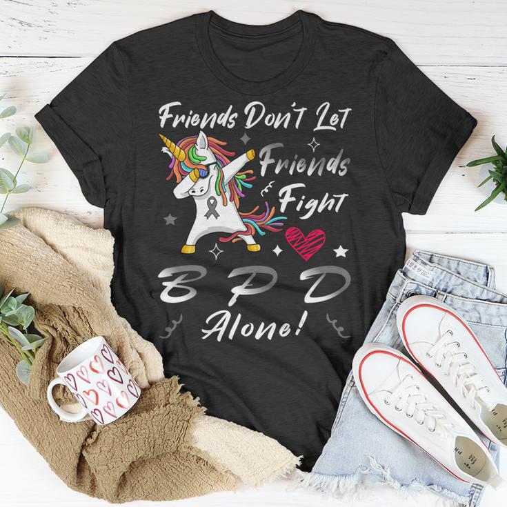 Friends Dont Let Friends Fight Borderline Personality Disorder Bpd Alone Unicorn Grey Ribbon Borderline Personality Disorder Bpd Awareness Unisex T-Shirt Funny Gifts