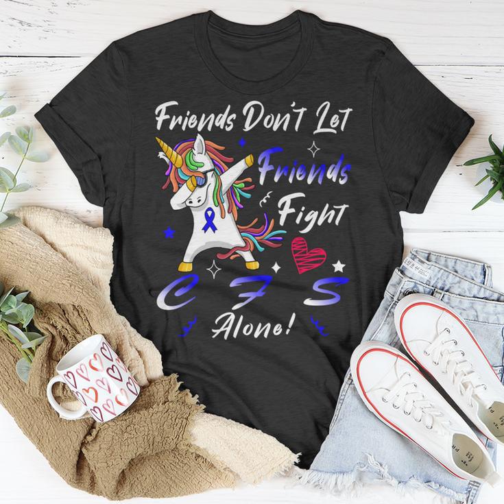 Friends Dont Let Friends Fight Chronic Fatigue Syndrome Cfs Alone Unicorn Blue Ribbon Chronic Fatigue Syndrome Support Cfs Awareness V2 Unisex T-Shirt Funny Gifts