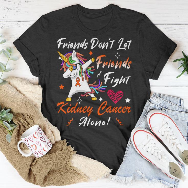 Friends Dont Let Friends Fight Kidney Cancer Alone Unicorn Orange Ribbon Kidney Cancer Kidney Cancer Awareness Unisex T-Shirt Funny Gifts