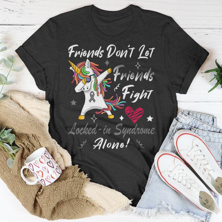 Friends Dont Let Friends Fight Lockedin Syndrome Alone Unicorn Silver Ribbon Lockedin Syndrome Lockedin Syndrome Awareness Unisex T-Shirt Funny Gifts