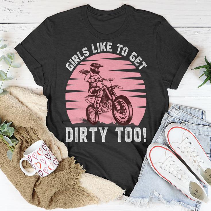 Girls Like To Get Dirty Too Funny Girl Motocross Gift Girl Motorcycle Lover Vintage V2 Unisex T-Shirt Funny Gifts