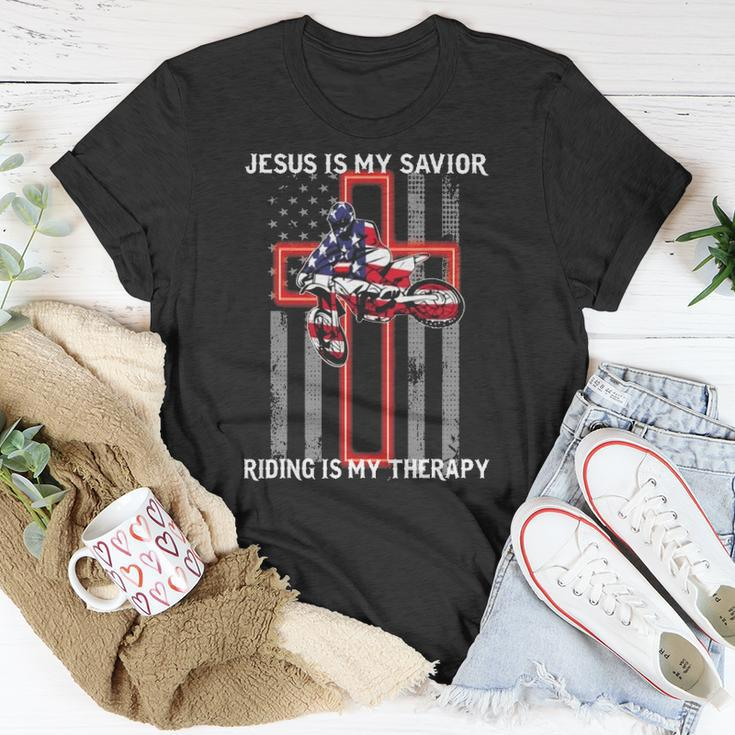 Jesus Is My Savior Riding Is My Therapy Us Flag Unisex T-Shirt Unique Gifts