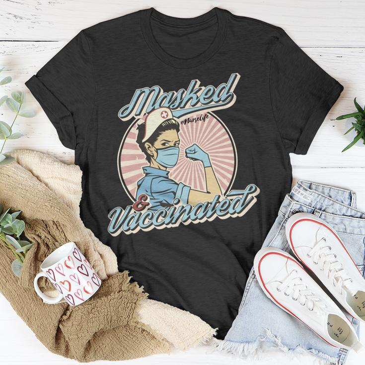 Masked And Vaccinated - Educated Vaccinated Caffeinated Dedicated Vintage Nurse Life Unisex T-Shirt Funny Gifts