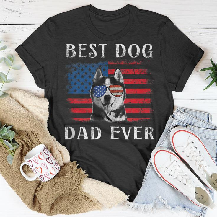 Mens Best Dog Dad Ever Husky American Flag 4Th Of July Unisex T-Shirt Funny Gifts