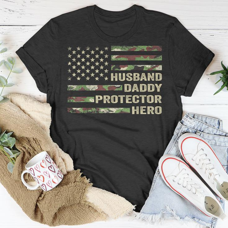 Mens Husband Daddy Protector Hero Fathers Day Flag Gift Unisex T-Shirt Unique Gifts