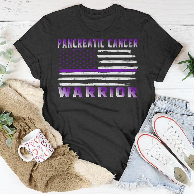 Pancreatic Cancer Warrior Usa Flag United States Flag Purple Ribbon Pancreatic Cancer Pancreatic Cancer Awareness Unisex T-Shirt Unique Gifts