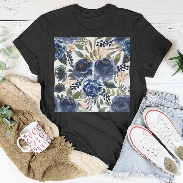 Pattern Watercolor Flower Navy Blue Unisex T-Shirt Funny Gifts