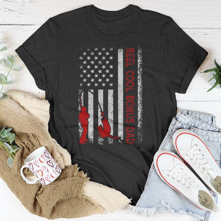 Reel Cool Bonus Dad American Flag Fishing Fathers Day Unisex T-Shirt Unique Gifts