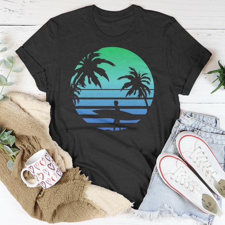 Retro Water Sport Surfboard Palm Tree Sea Tropical Surfing Unisex T-Shirt Unique Gifts