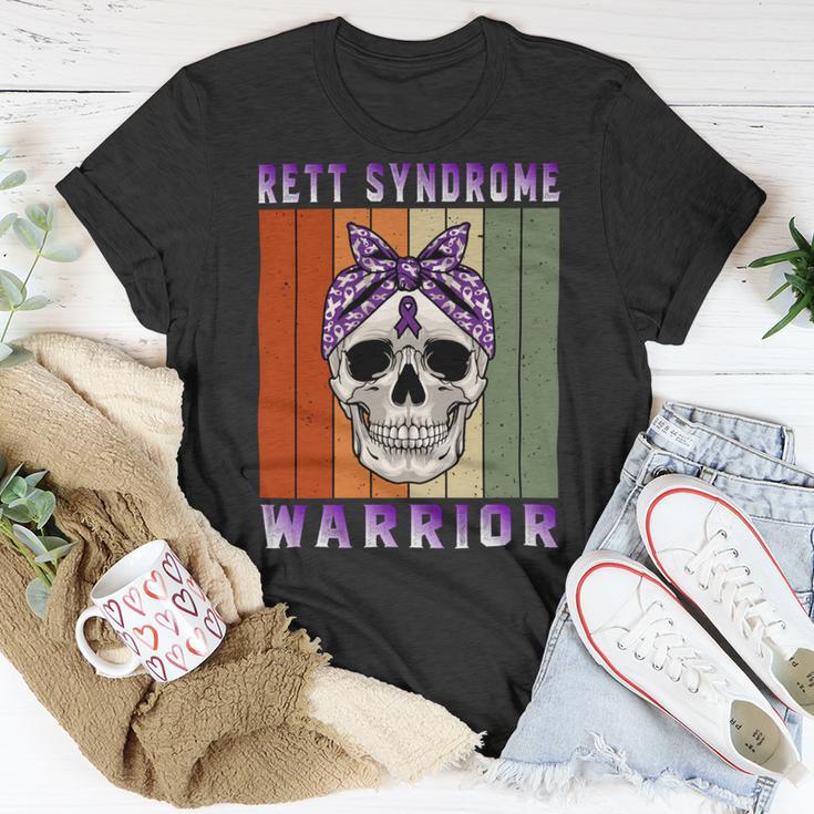 Rett Syndrome Warrior Skull Women Vintage Purple Ribbon Rett Syndrome Rett Syndrome Awareness Unisex T-Shirt Funny Gifts