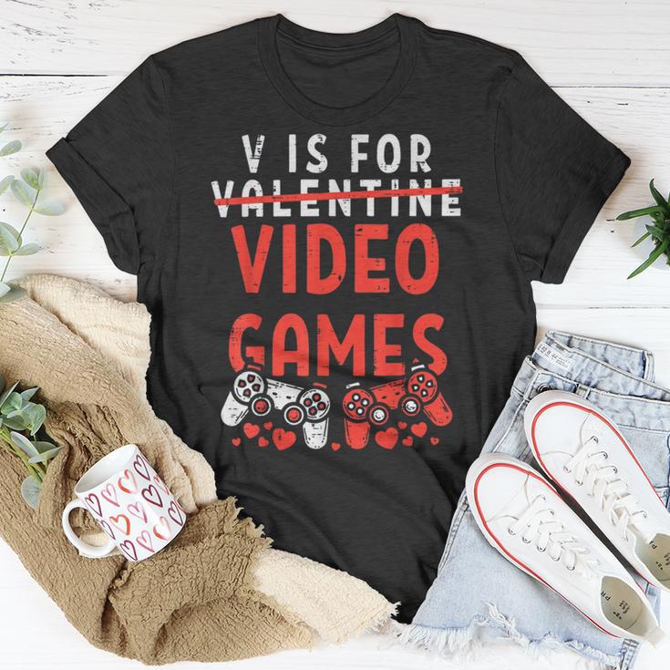 V Is For Video Games Funny Valentines Day Gamer Boy 583 Trending Shirt Unisex T-Shirt Funny Gifts