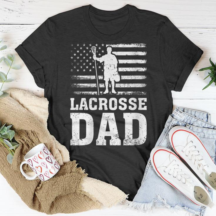 Womens Lacrosse Sports Lover American Flag Lacrosse Dad 4Th Of July Unisex T-Shirt Funny Gifts