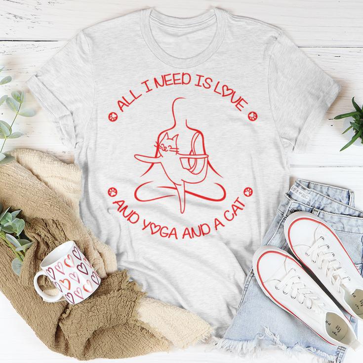 All I Need Is Love And Yoga And A Cat Lovers Gift For Yoga Lovers Red Unisex T-Shirt Funny Gifts