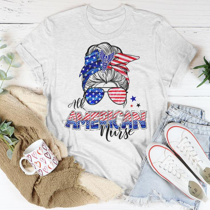 American Flag Patriotic Nurse Messy Bun 4Th Of July Unisex T-Shirt Funny Gifts