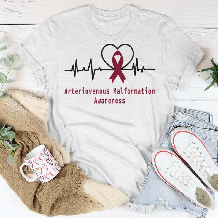 Arteriovenous Malformation Awareness Heartbeat Burgundy Ribbon Arteriovenous Malformation Support Arteriovenous Malformation Awareness Unisex T-Shirt Funny Gifts