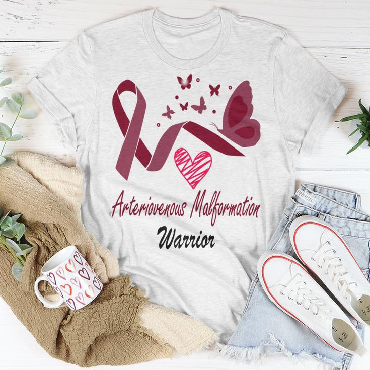 Arteriovenous Malformation Warrior Butterfly Funny Unicorn Burgundy Ribbon Arteriovenous Malformation Support Arteriovenous Malformation Awareness Unisex T-Shirt Funny Gifts