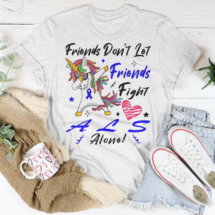 Friends Dont Let Friends Fight Als Alone Unicorn Blue Ribbon Amyotrophic Lateral Sclerosis Support Als Awareness Unisex T-Shirt Funny Gifts