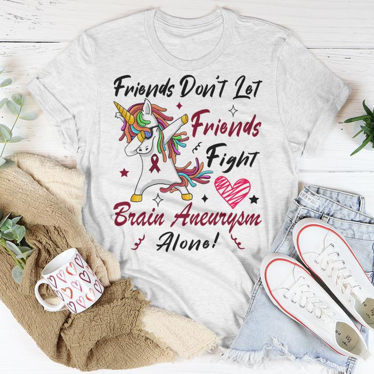 Friends Dont Let Friends Fight Brain Aneurysm Alone Unicorn Burgundy Ribbon Brain Aneurysm Bpd Brain Aneurysm Unisex T-Shirt Funny Gifts