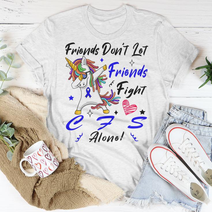 Friends Dont Let Friends Fight Chronic Fatigue Syndrome Cfs Alone Unicorn Blue Ribbon Chronic Fatigue Syndrome Support Cfs Awareness Unisex T-Shirt Funny Gifts