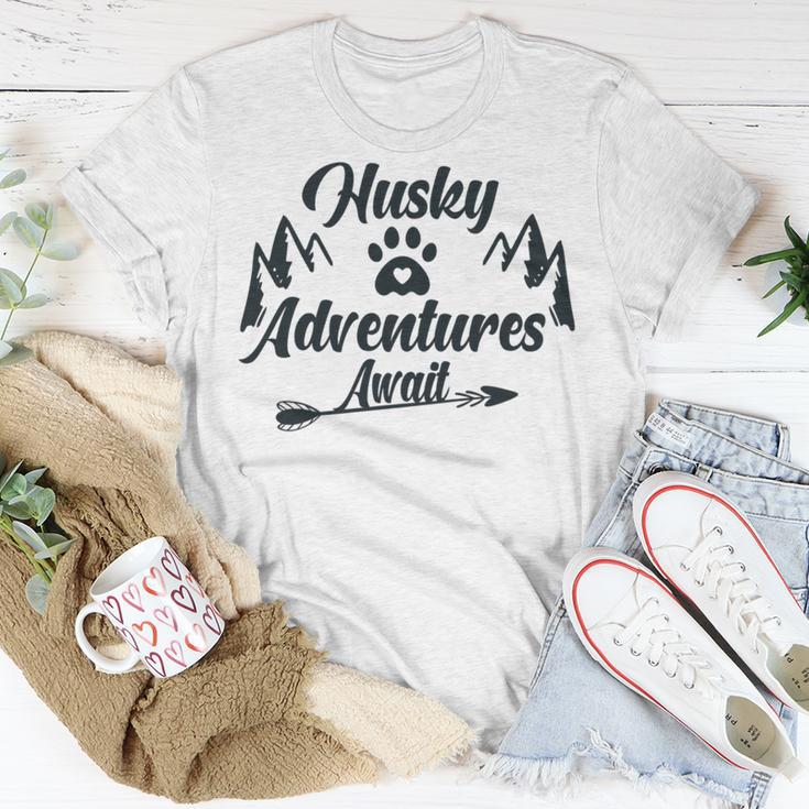 Husky Adventure Await Siberian Husky Adventures Hiking With Huskies Gift For Husky Lover V2 Unisex T-Shirt Funny Gifts