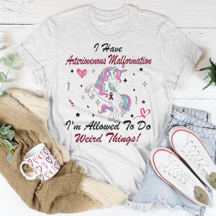 I Have Arteriovenous Malformation Im Allowed To Do Weird Things Funny Unicorn Burgundy Ribbon Arteriovenous Malformation Support Arteriovenous Malformation Awareness Unisex T-Shirt Funny Gifts