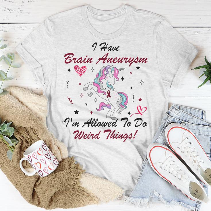 I Have Brain Aneurysm Im Allowed To Do Weird Things Unicorn Burgundy Ribbon Brain Aneurysm Bpd Brain Aneurysm Unisex T-Shirt Funny Gifts