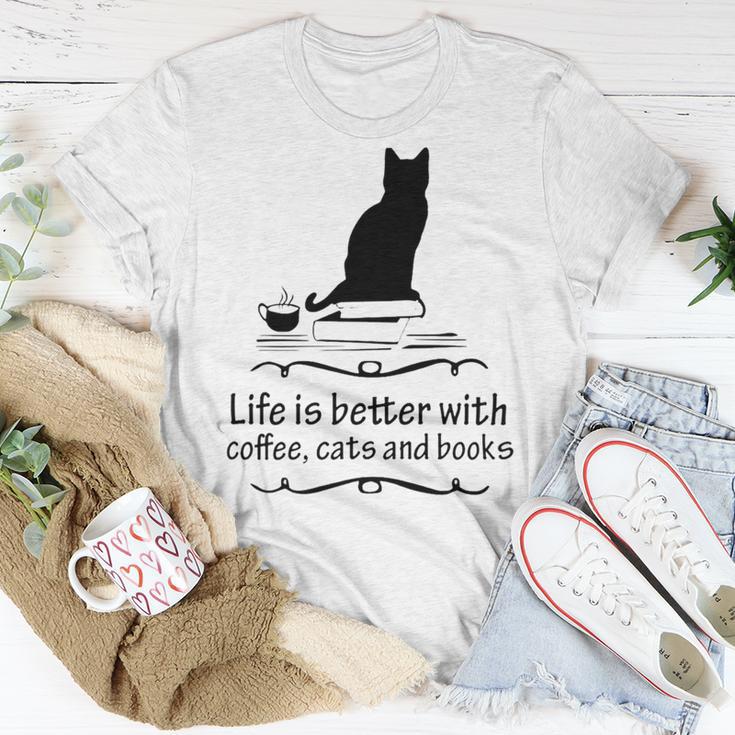 Life Is Better With Coffee Cats And Books 682 Shirt Unisex T-Shirt Funny Gifts