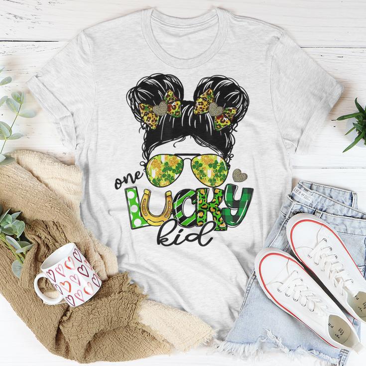 One Lucky Kid Messy Bun Shamrock St Patricks Day Unisex T-Shirt Funny Gifts