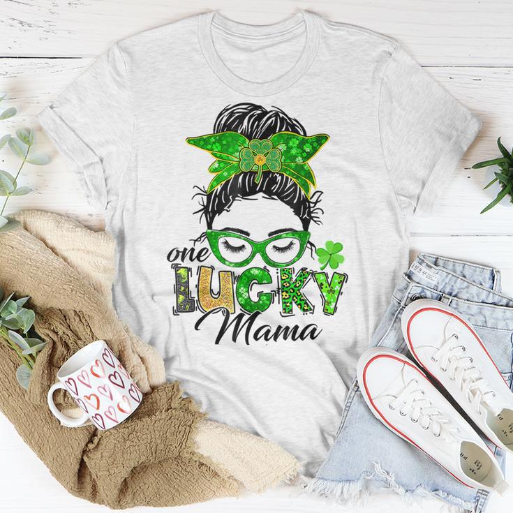 One Lucky Mama St Patricks Day Irish Shamrock Messy Bun Mom Unisex T-Shirt Funny Gifts