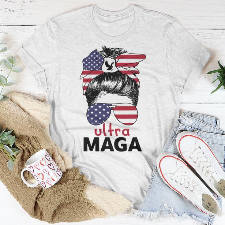 Ultra Maga American Flag Womens Messy Bun Wearing Glasses Unisex T-Shirt Unique Gifts