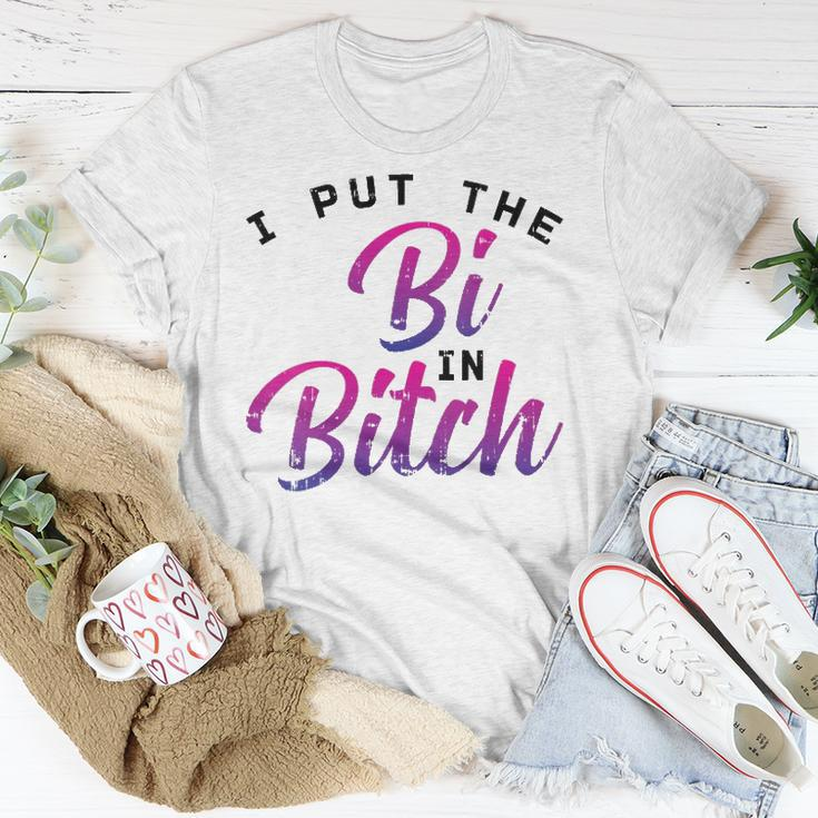 Womens I Put The Bi In Bitch Funny Bisexual Pride Flag Lgbt Gift Unisex T-Shirt Unique Gifts