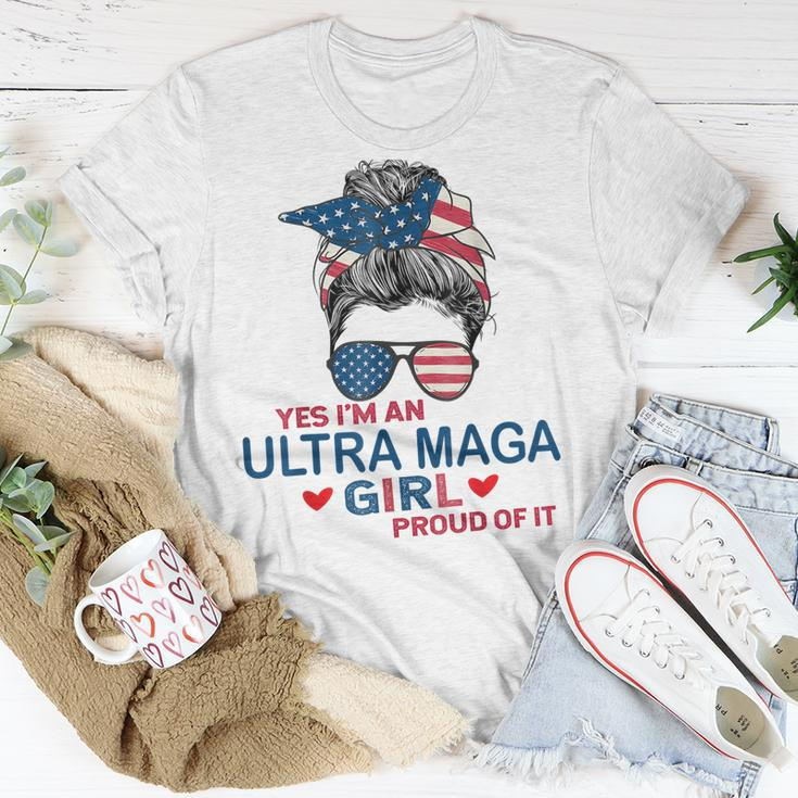 Yes Im An Ultra Maga Girl Proud Of It Usa Flag Messy Bun Unisex T-Shirt Unique Gifts