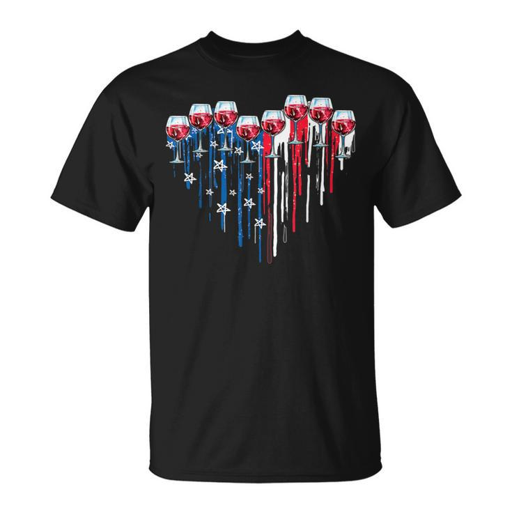 4Th Of July Wine Glasses Heart American Flag Patriotic  Unisex T-Shirt