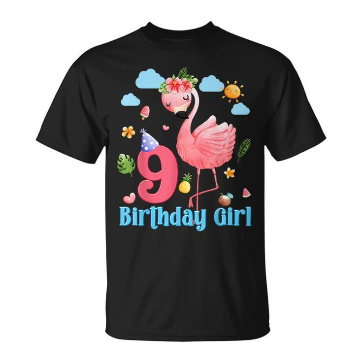 9Th Birthday Girls Flamingo 9 Years Old Tropical Flamingo  Unisex T-Shirt
