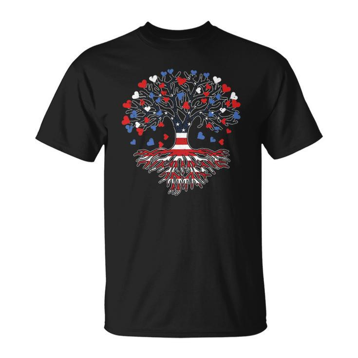 American Tree 4Th Of July Usa Flag Hearts Roots Patriotic Unisex T-Shirt